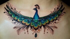 Peacock feather tattoo with birds flying in a Vedic trend style